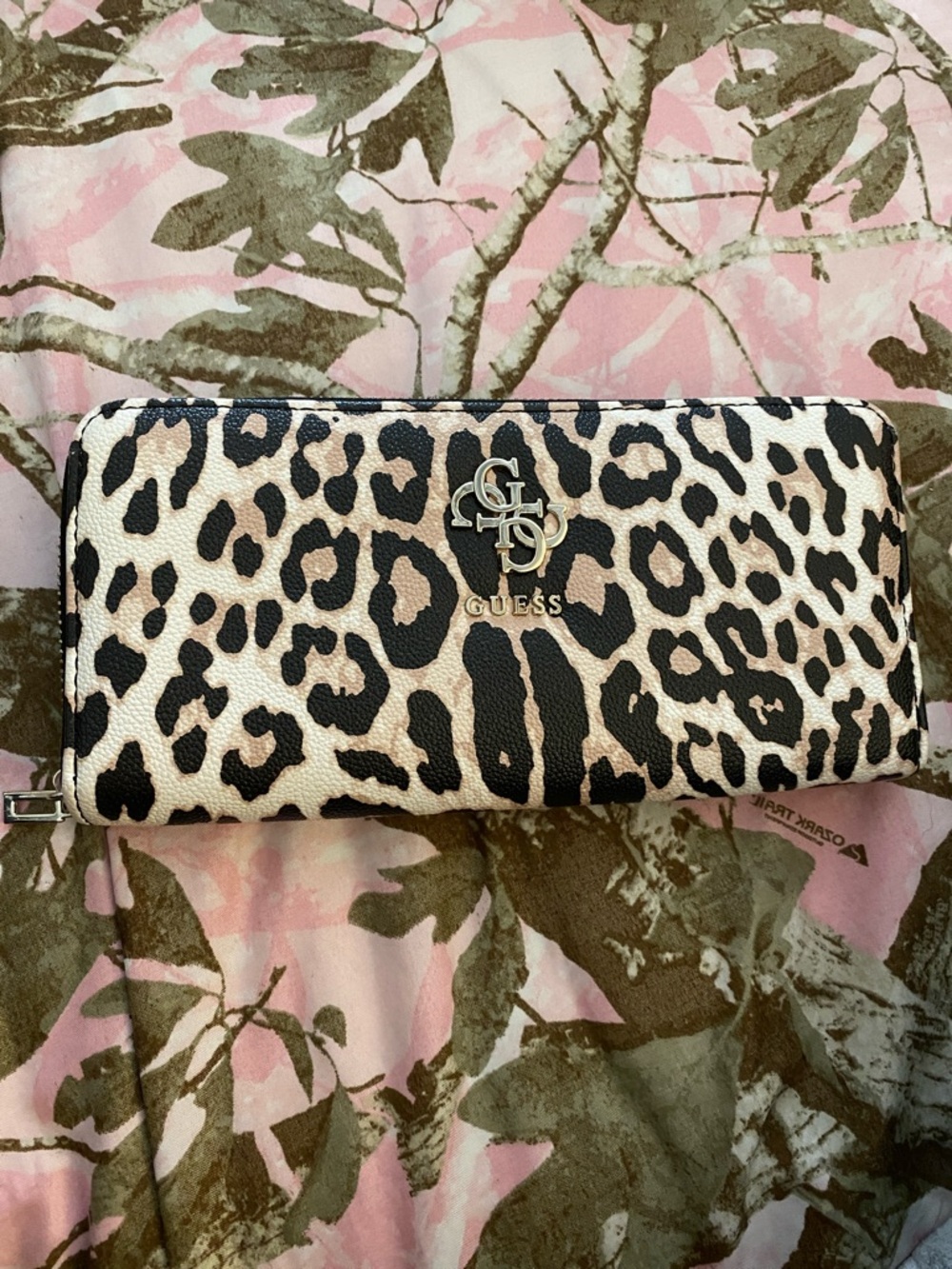 GUESS Leopard Print Zip Wallet in Black & Cream